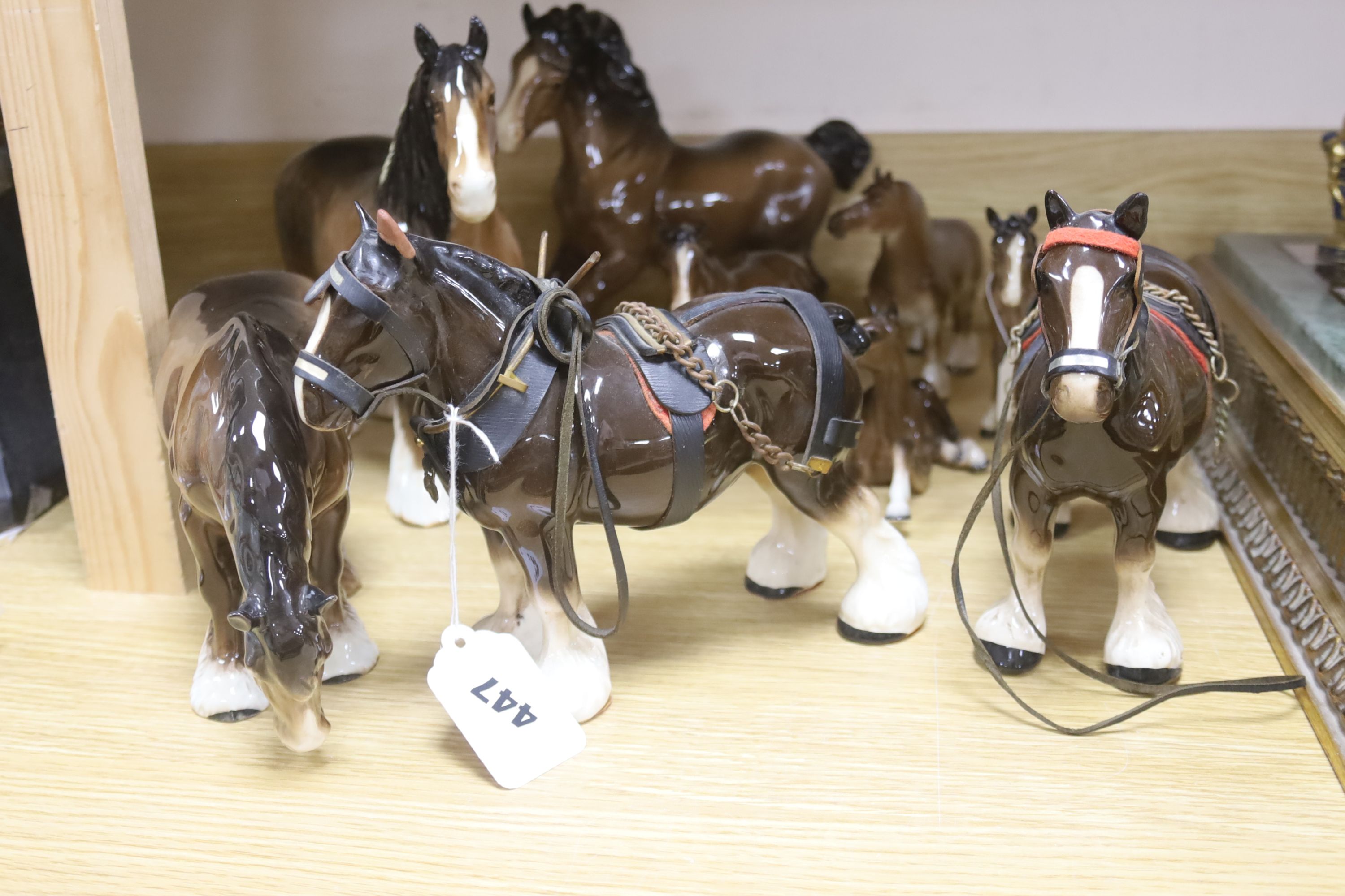 Nine Beswick Shire and other horses, tallest 22cm